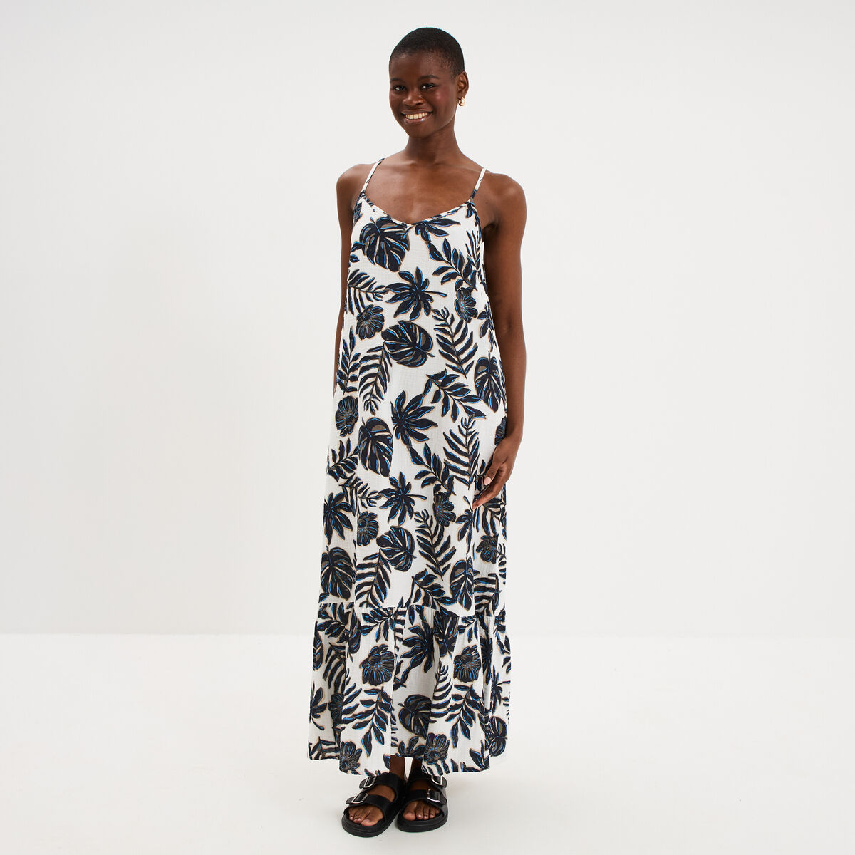 Robe longue &agrave; bretelles &eacute;vas&eacute;e coton ecru femme