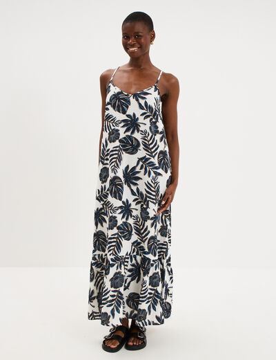 Robe longue &agrave; bretelles &eacute;vas&eacute;e coton ecru femme