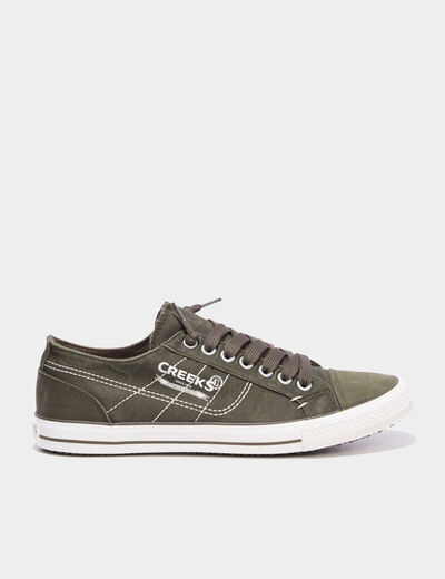 Tennis basses en toile &agrave; lacets vert kaki homme