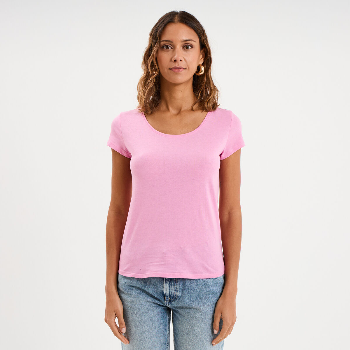 T-shirt coton col rond manches courtes rose femme