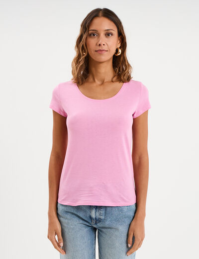 T-shirt coton col rond manches courtes rose femme