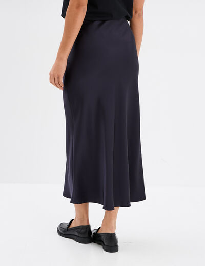 Jupe effet satin midi évasée bleu marine femme
