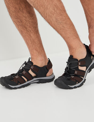 Sandales à scratch et lacets élastiqués marron homme