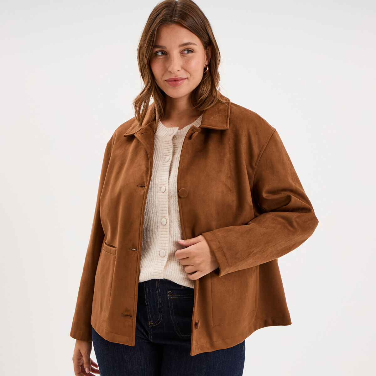 Veste effet su&eacute;dine boutonn&eacute;e marron clair femme grande taille