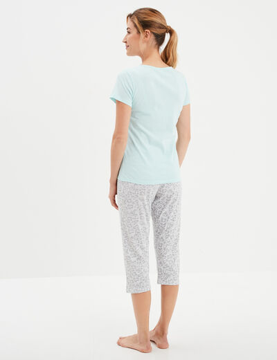 Ensemble pyjama corsaire 2 pièces coton bleu turquoise femme