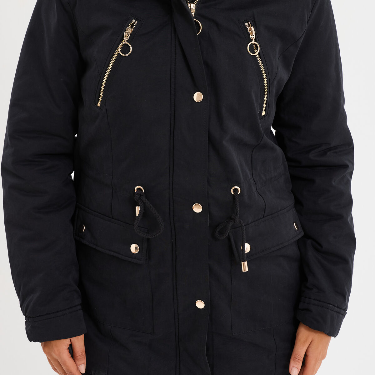 Parka cintr&eacute;e &agrave; capuche fourr&eacute;e amovible noir femme