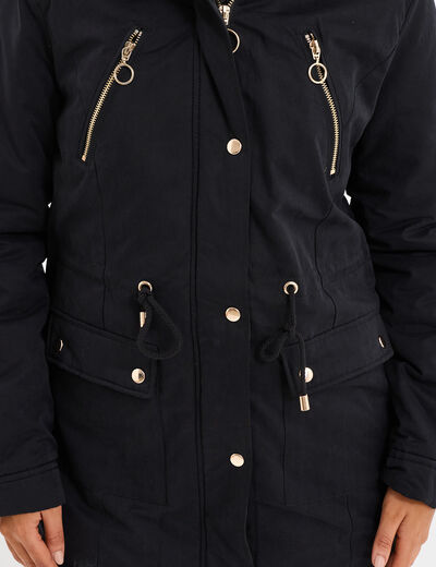 Parka cintrée à capuche fourrée amovible noir femme