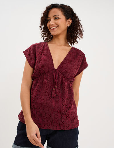 T-shirt dentelle col en V noeud bordeaux femme