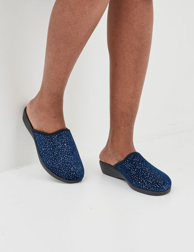 Chaussons mules compens&eacute;s bleu marine femme