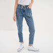 Jeans droit cropped taille &eacute;lastiqu&eacute;e denim stone femme