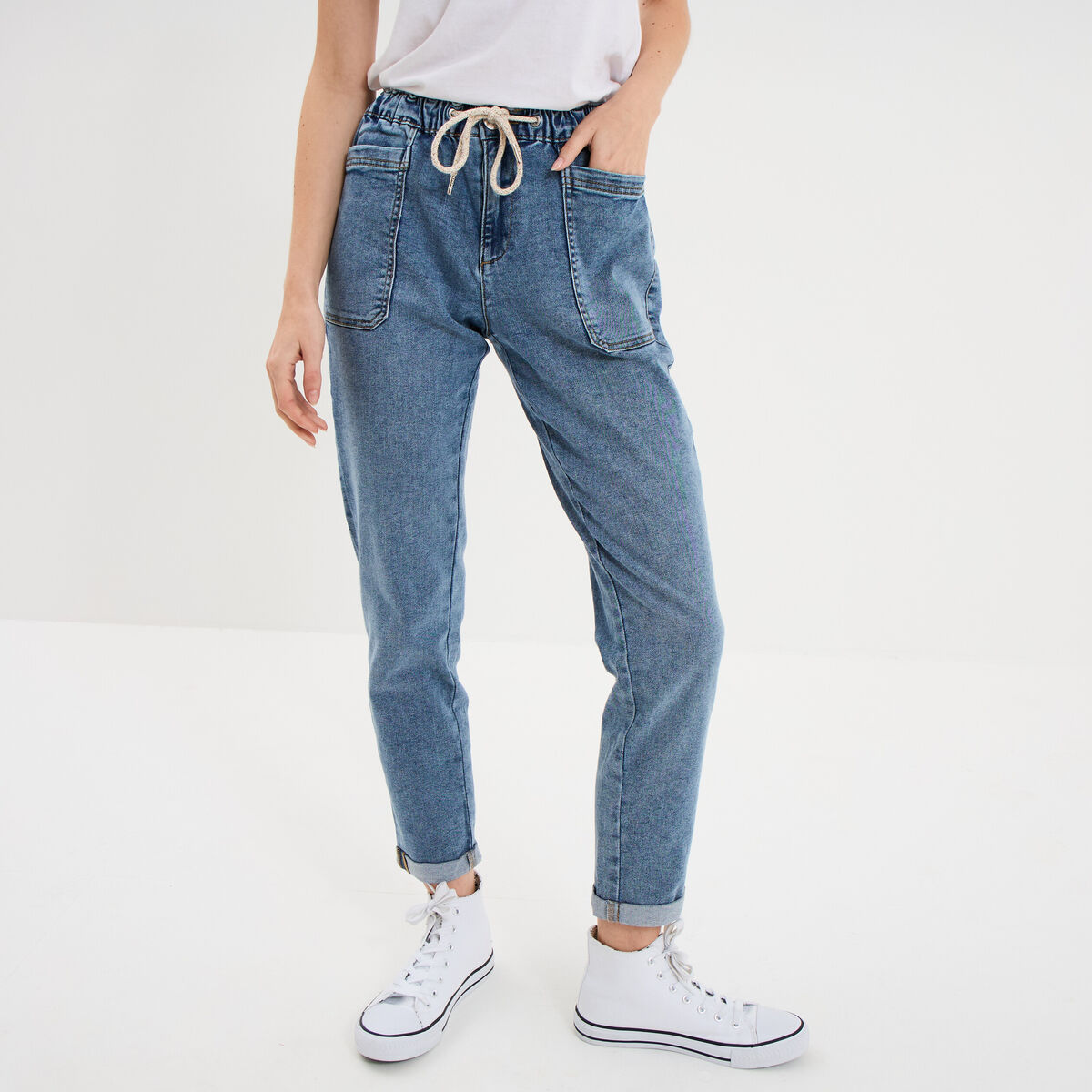 Jeans droit cropped taille &eacute;lastiqu&eacute;e denim stone femme
