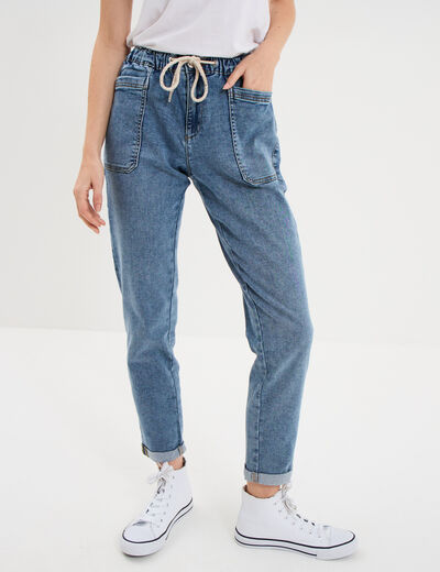 Jeans droit cropped taille &eacute;lastiqu&eacute;e denim stone femme
