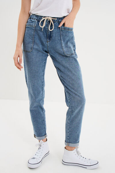 Jeans droit cropped taille &eacute;lastiqu&eacute;e denim stone femme