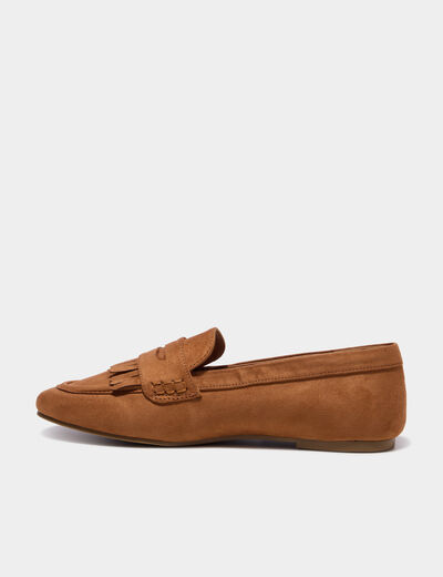 Mocassins &agrave; franges effet su&eacute;dine marron femme
