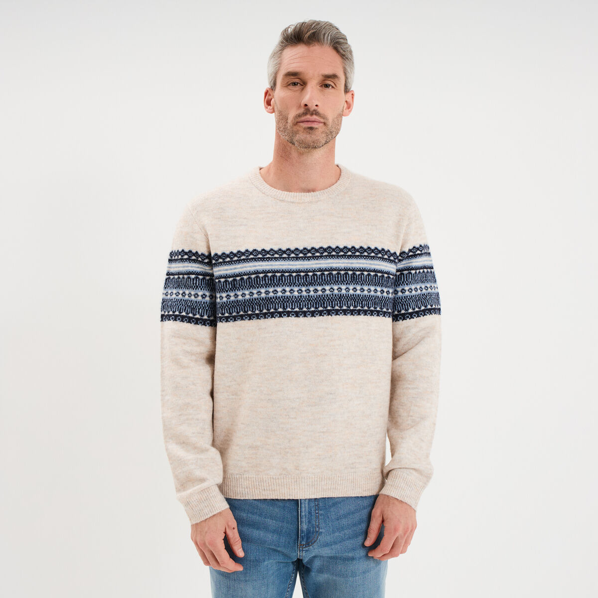 Pull jacquard col rond manches longues beige homme