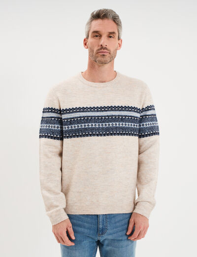 Pull jacquard col rond manches longues beige homme