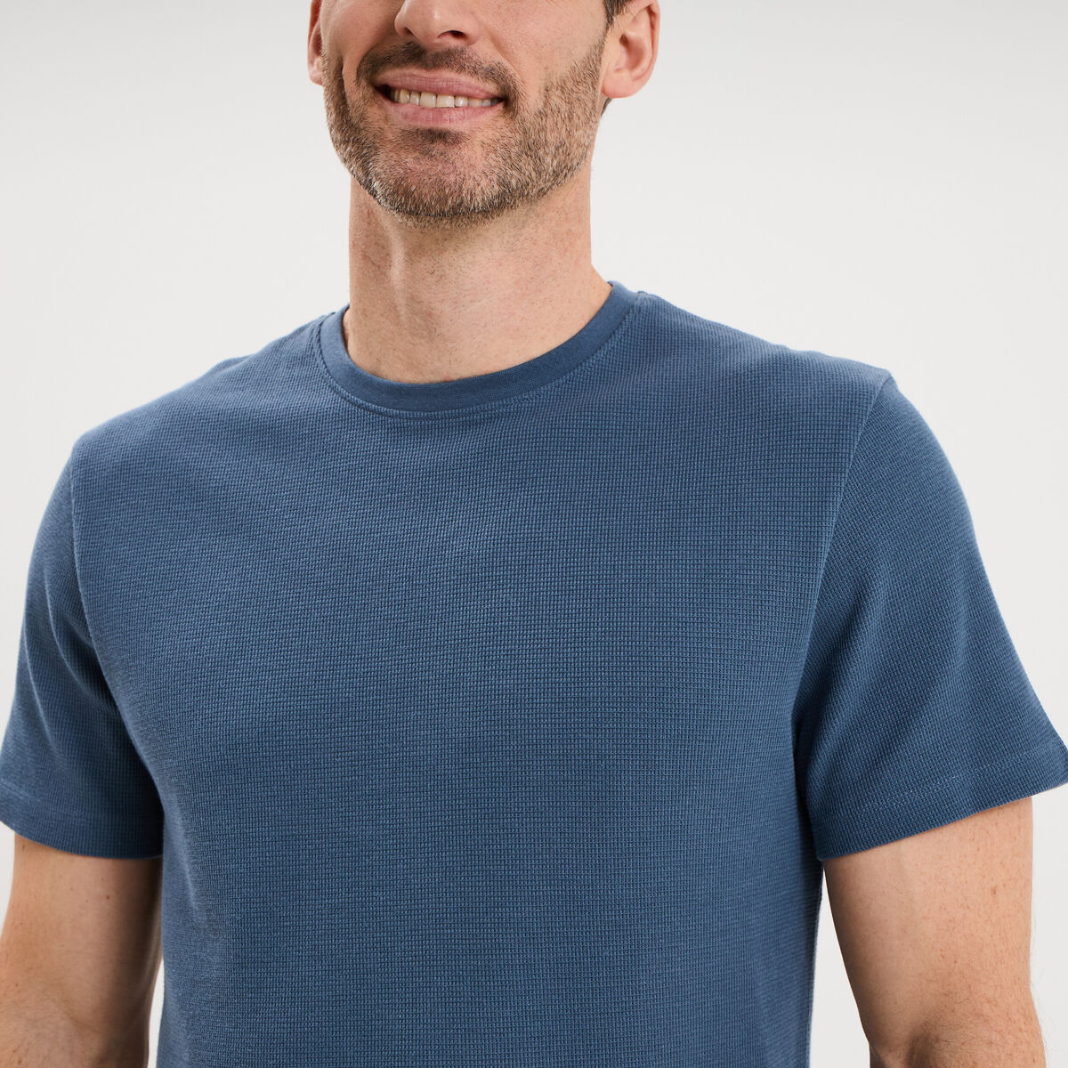 T-shirt textur&eacute; droit col rond coton bleu gris homme