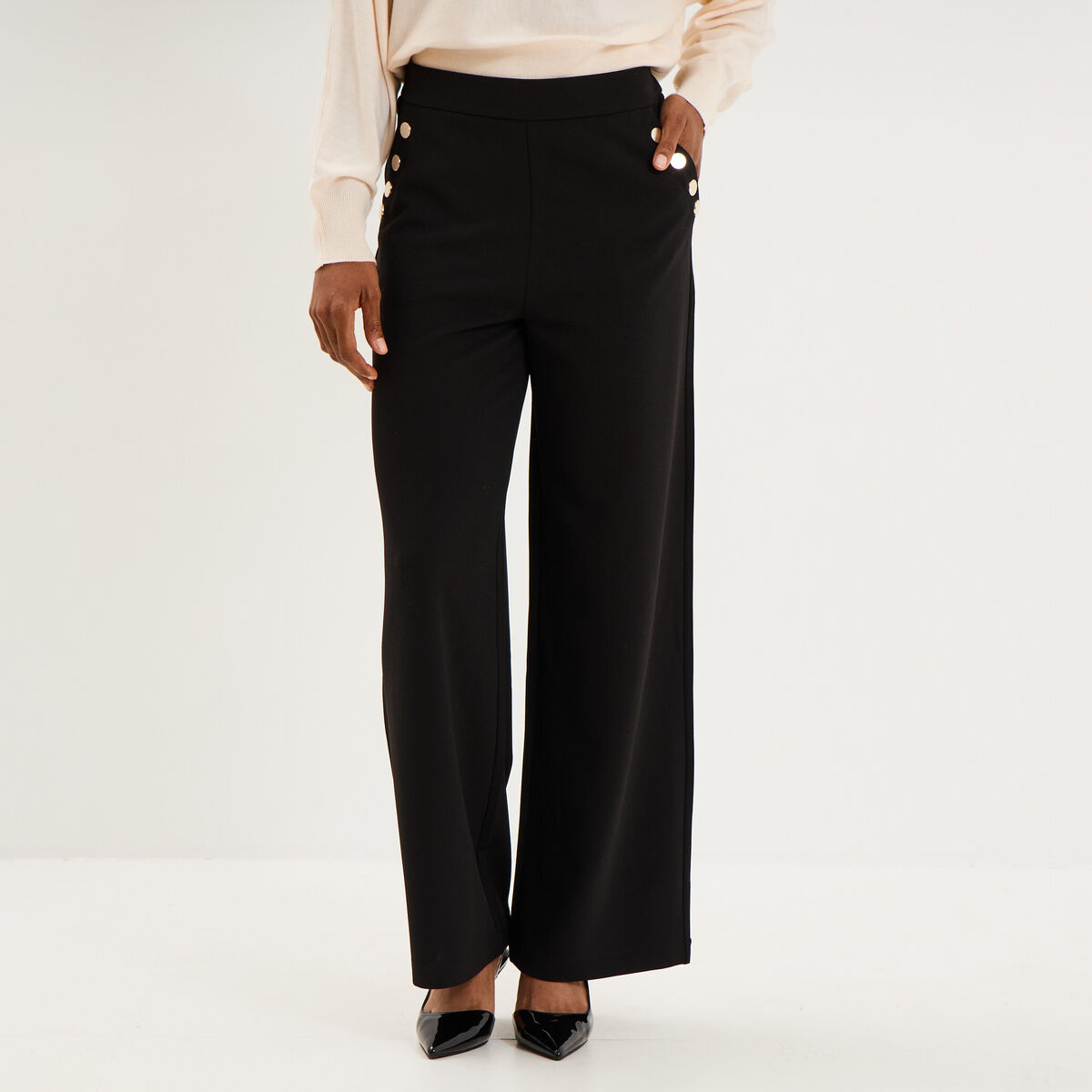 Pantalon &agrave; ponts flare effet cr&ecirc;pe noir femme
