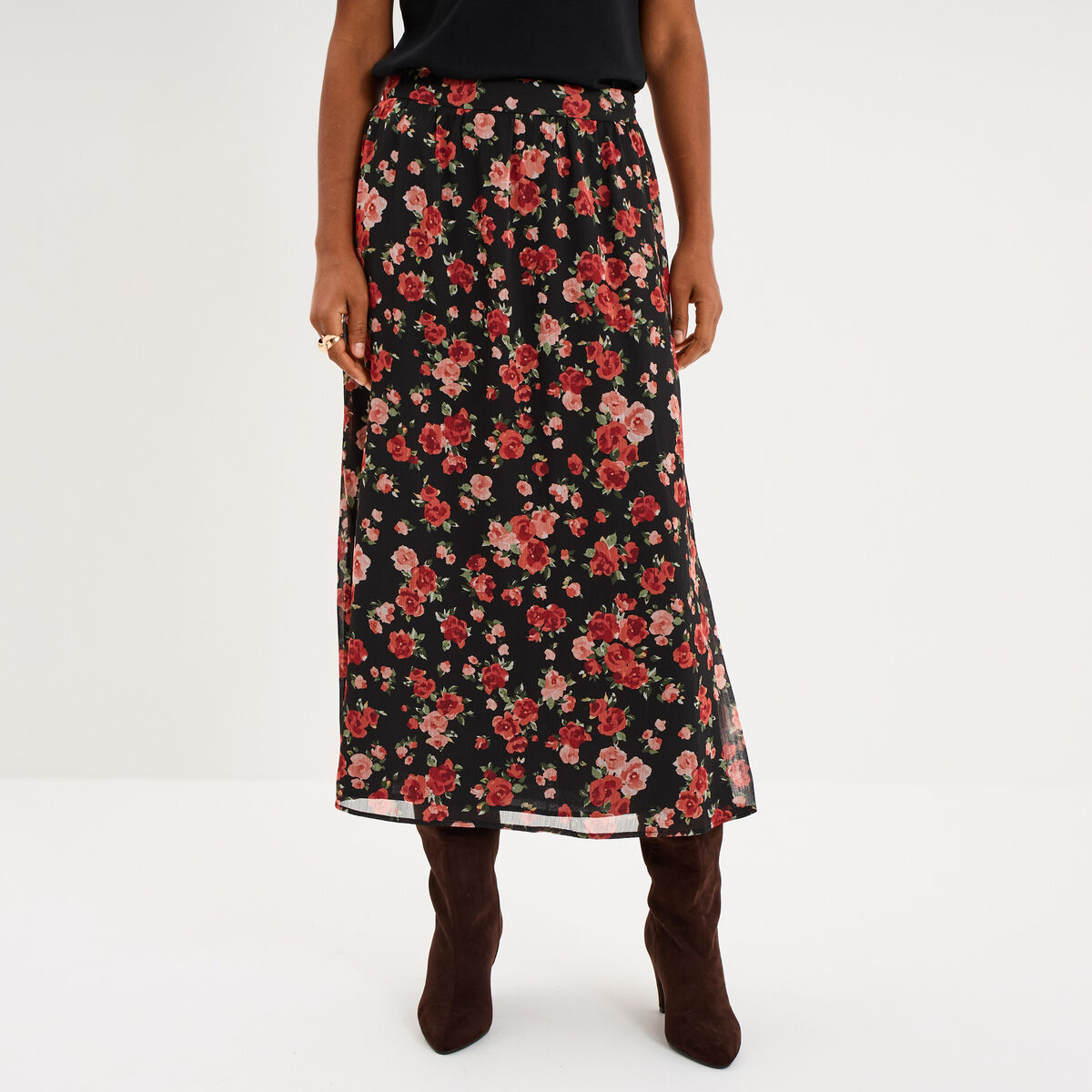 Jupe longue trap&egrave;ze noir femme