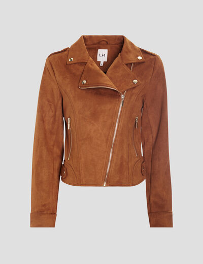 Veste courte esprit biker effet suédine camel femme