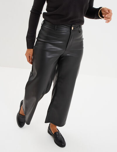Pantalon simili cuir 7/8ème large noir femme