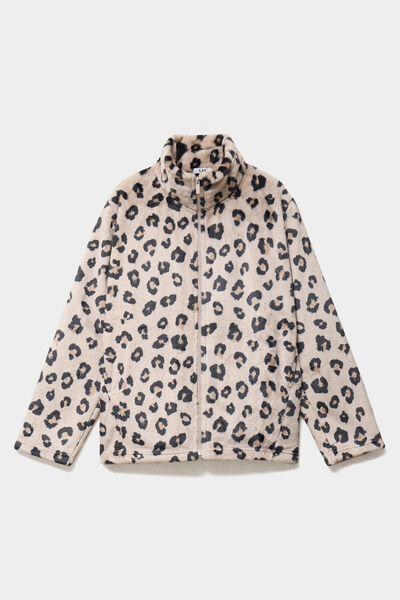 Veste de pyjama effet polaire zipp&eacute;e beige femme