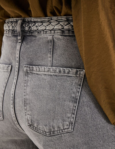 Jean large taille haute ceinture tress&eacute;e denim gris femme