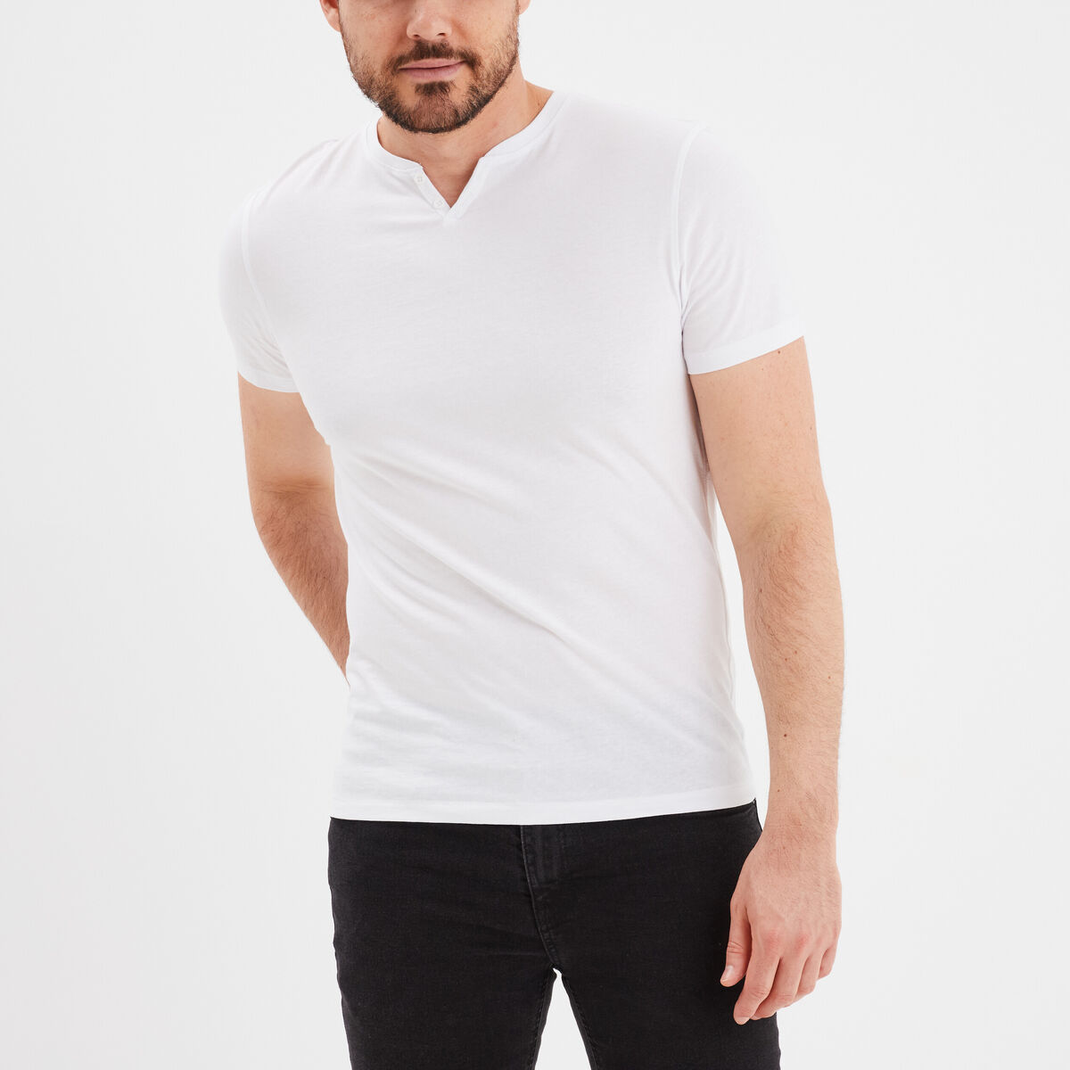T-shirt manches courtes col tunisien blanc homme