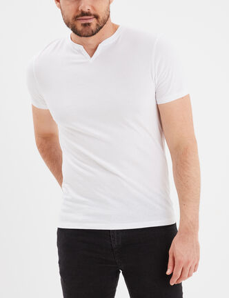 T-shirt manches courtes col tunisien blanc homme