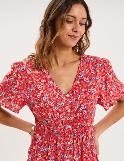 Robe fluide manches courtes col en V rouge coquelicot femme