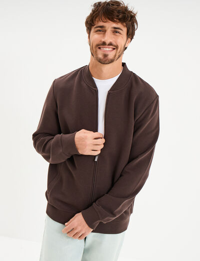 Gilet reli&eacute;f&eacute; manches longues zipp&eacute; marron fonc&eacute; homme