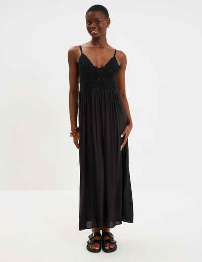 Robe longue buste effet crochet noir femme