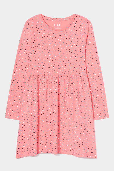 Robe trapèze manches longues coton rose fille
