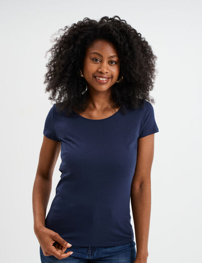 T-shirt coton col rond manches courtes bleu marine femme