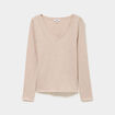 T-shirt col en V manches longues coton beige femme