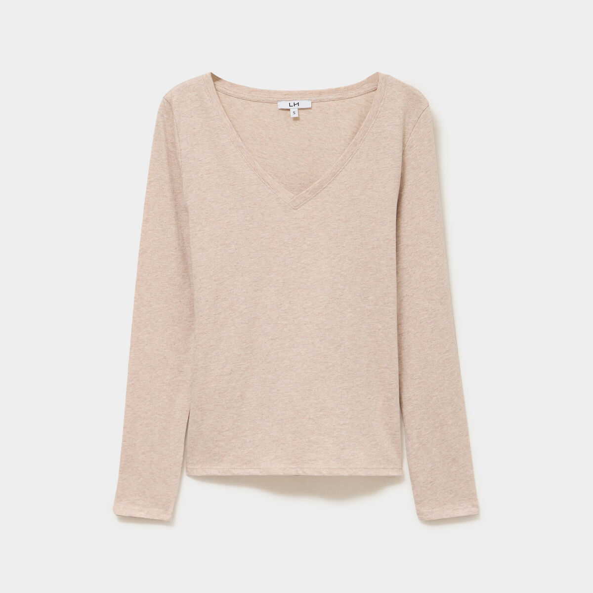 T-shirt col en V manches longues coton beige femme