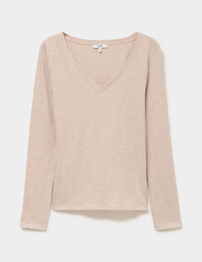 T-shirt col en V manches longues coton beige femme