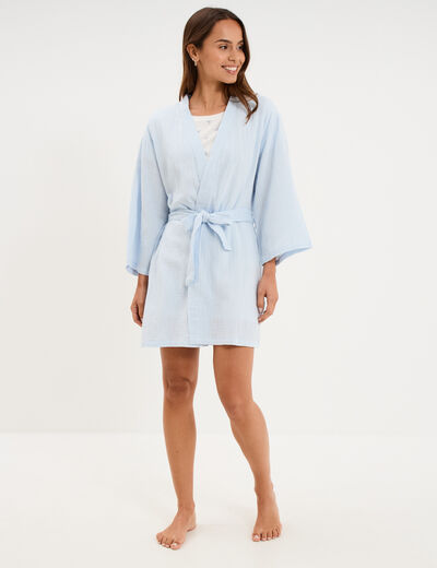 Peignoir court ceintur&eacute; gaze de coton bleu ciel femme