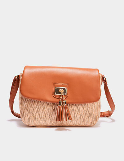 Sac paille tressée à rabat marron cognac femme