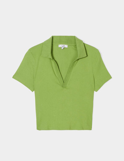 T-shirt court côtelé col polo coton vert femme