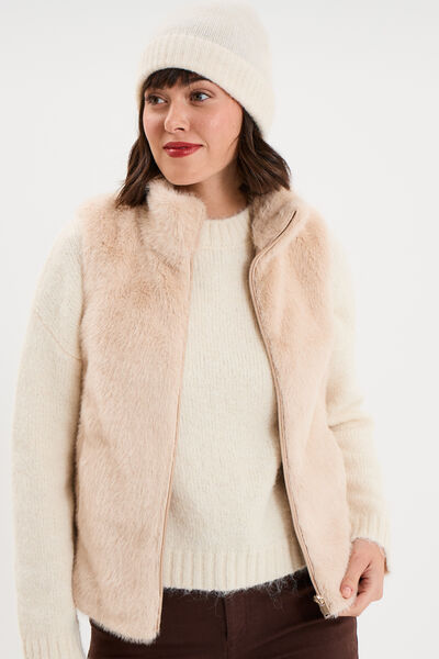 Gilet fausse fourrure col montant zipp&eacute; beige femme