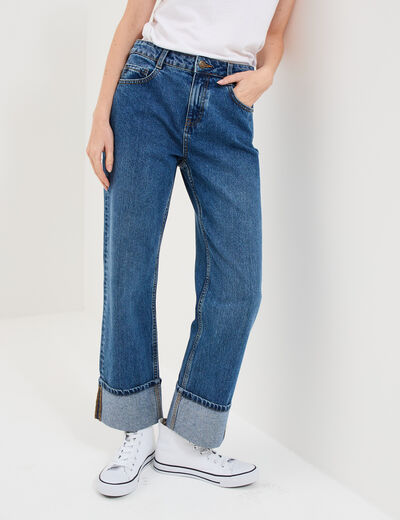 Jean droit cropped bas revers denim stone femme