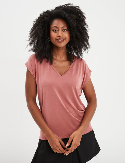 T-shirt col en V manches courtes vieux rose femme