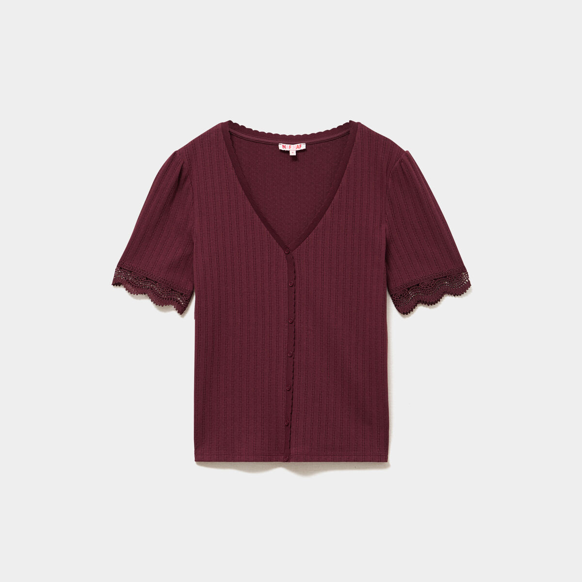 T-shirt c&ocirc;tel&eacute; avec dentelle et boutons violet fonc&eacute; femme