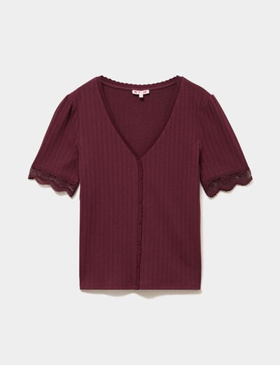 T-shirt c&ocirc;tel&eacute; avec dentelle et boutons violet fonc&eacute; femme