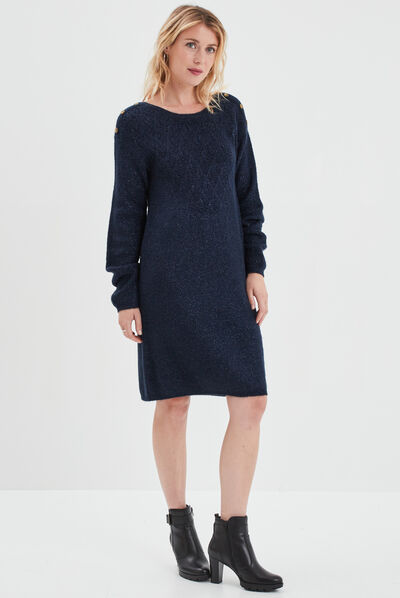 Robe pull droite à boutons bleu marine femme