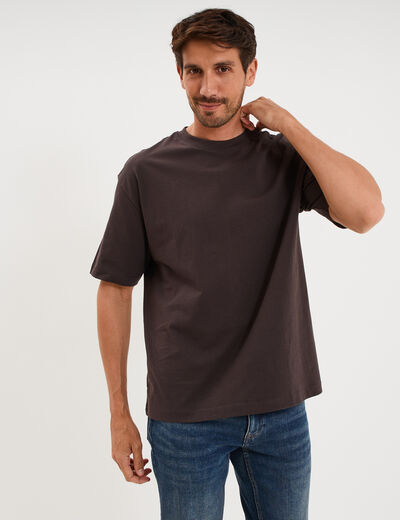 T-shirt col rond coupe relax coton &eacute;pais marron fonc&eacute; homme