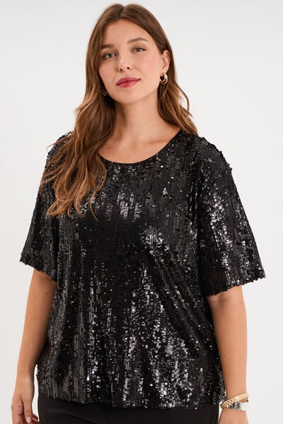 T-shirt sequins manches courtes loose noir femme grande taille