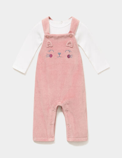 Ensemble 2 pi&egrave;ces salopette et t-shirt vieux rose b&eacute;b&eacute;