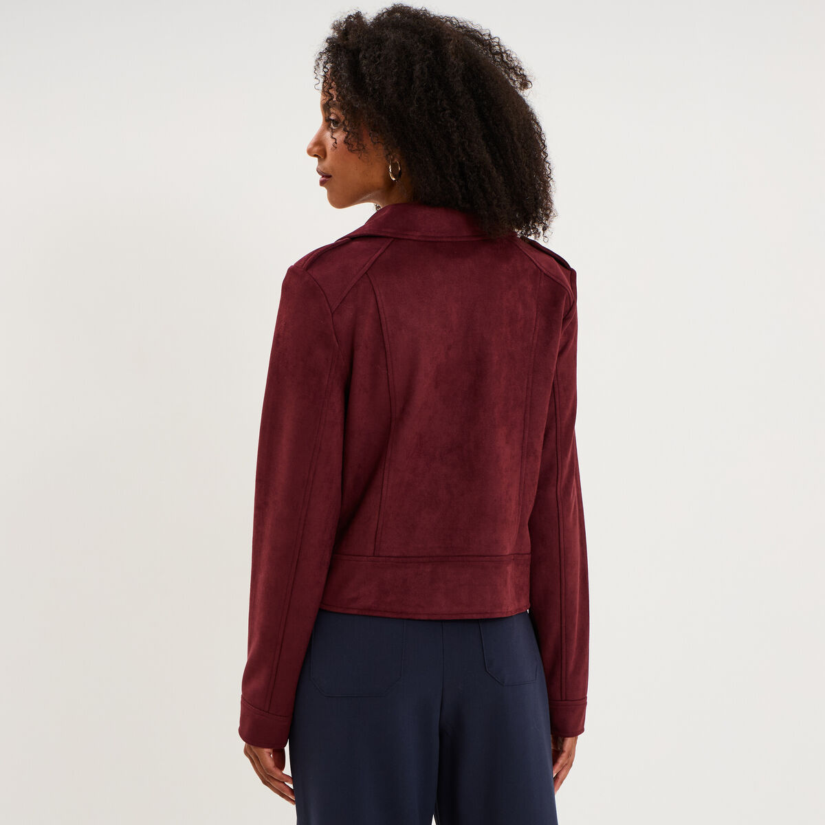 Veste biker en su&eacute;dine ajust&eacute;e violet fonc&eacute; femme